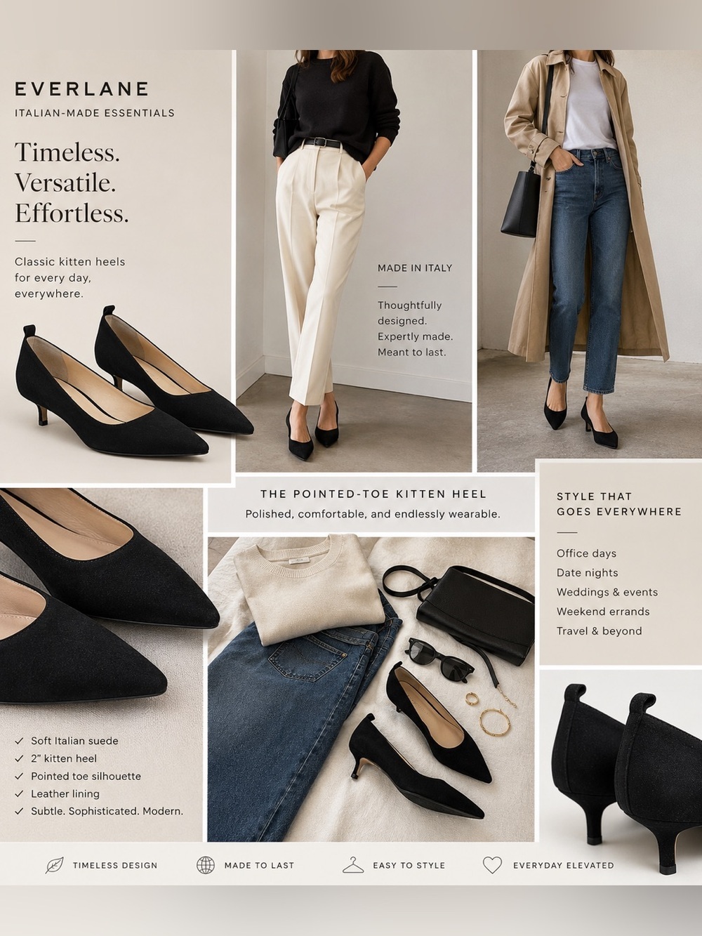 Everlane Black Suede Kitten Heels Size 9 Made in Italy Pointed Toe Pumps - Picture 2 of 15